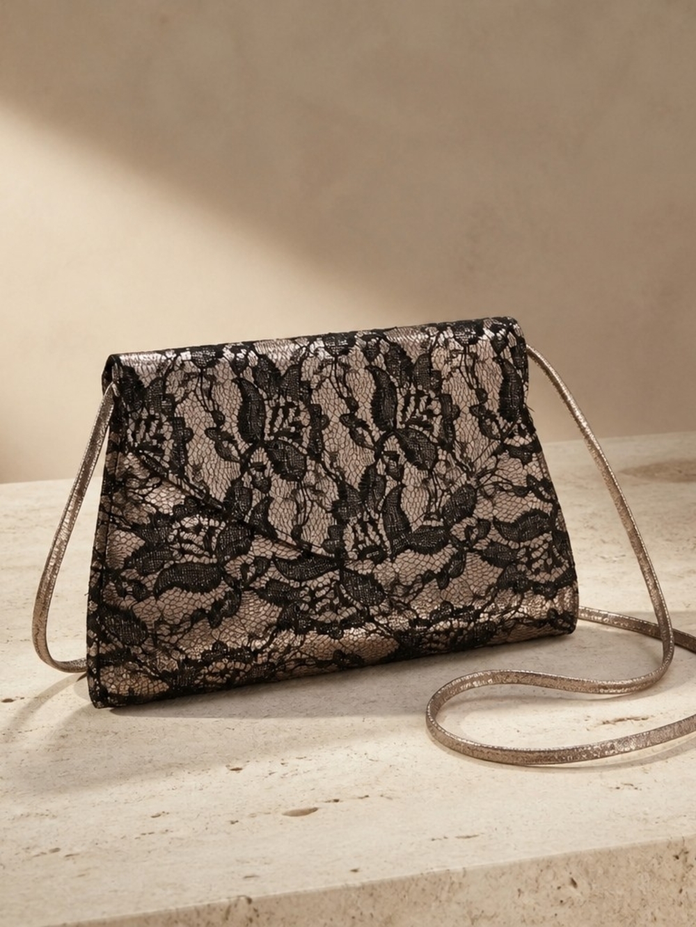 Neiman Marcus Black Lace Overlay Metallic Clutch